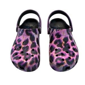 Girl’s Purple and Pink Animal Print Classic CROC with Glitter Strap. EUC